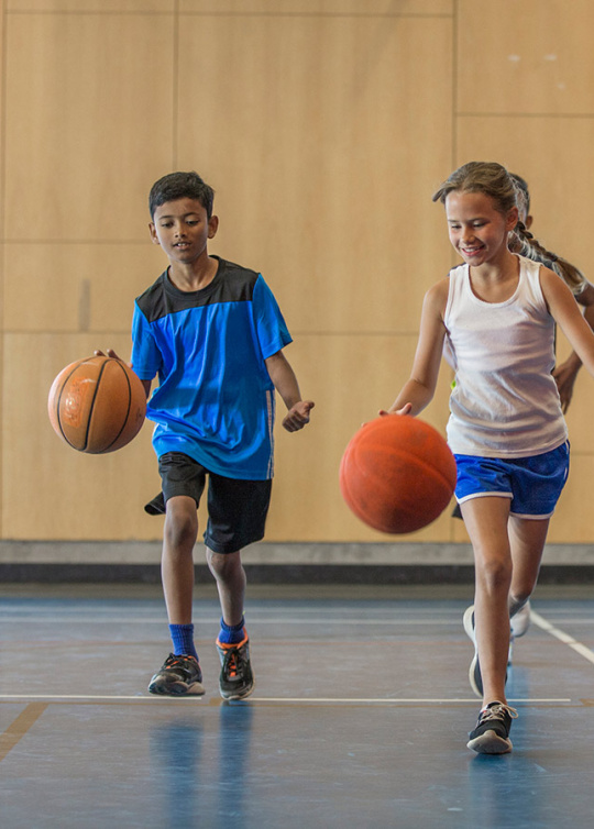 Elèves jouant au basket dans un gymnase