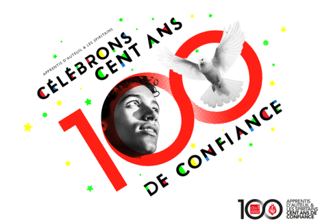 Le chiffre 100 en gros au centre abrite dans les 0 un visage d'adolescent et une colombe. Autour est écrit : Apprentis d'Auteuil & les Spiritains célébrons cent ans de confiance. En bas à droite, le label du centenaire : le chiffre 100 abrite cette fois dans les 0 les logos Apprentis d'Auteuil et Spiritains. A côté, ce texte : Apprentis d'Auteuil & les Spiritains - 100 ans de confiance