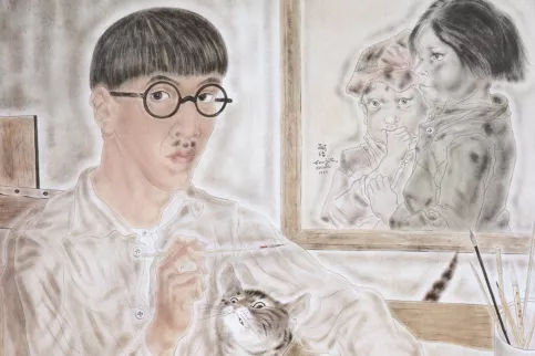 Le visuel montre une partie d'un tableau. On y voit le peintre Foujita avec un chat sur les genoux. 