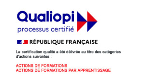 logo Qualiopi, accompagné du texte suivant : processus certifié République Française. La certification qualité a été délivrée au titre des catégories suivantes : Actions de formations, Actions de formations par apprentissage