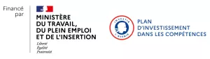 Logo du ministère du Travai, du Plein emploi et de l'Insertion et visuel du plan d'investissement dans les compétences, introduit par la mention "financé par"