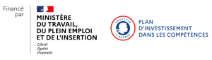 Logo du ministère du Travai, du Plein emploi et de l'Insertion et visuel du plan d'investissement dans les compétences, introduit par la mention "financé par"