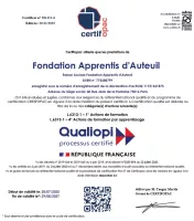 miniature de la 1e page du certificat Qualiopi d'Apprentis d'Auteuil, en date du 20 novembre 2025