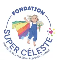 Dessin d'une petite fille avec une cape arc en ciel. Autour, un cercle avec écrit : Fondation SUPER CELESTE sous égide de la Fondation Apprentis d'Auteuil