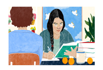 Illustration d'une élève révisant le grand oral du bac chez elle