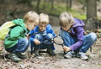 Enfants avec une loupe regardant des insectes en forêt