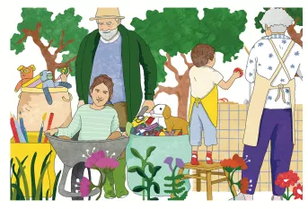 Illustration de vacances avec les petits-enfants au jardin