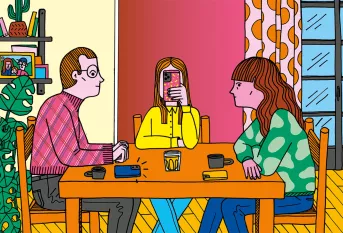 Illustration - repas en famille et adolescente regardant son téléphone