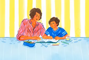 Illustration : une mère aidant son enfant à faire ses devoirs 