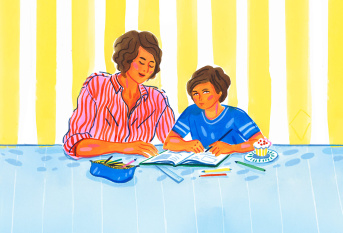 Illustration : une mère aidant son enfant à faire ses devoirs