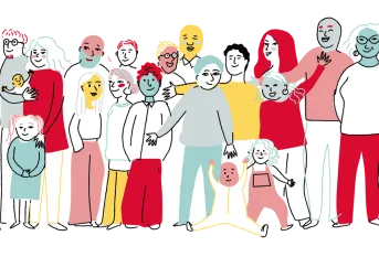 Dessin d'un groupe de personnes de toutes origines, genres et âges