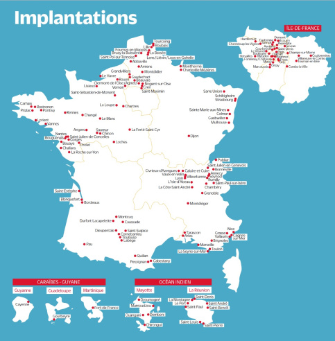 Carte des implantations d'Apprentis d'Auteuil en France métropolitaine et outremer