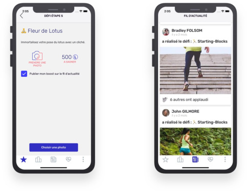 Visuels de smartphone montrant des écrans de l'appli "je marche pour Apprentis d'Auteuil"
