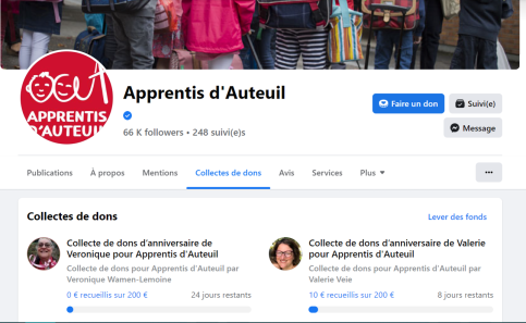 Visuel de la page Facebook d'Apprentis d'Auteuil, sur l'onglet "collecte de dons"