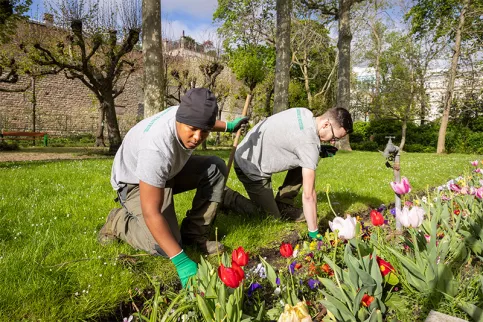 Jardins d'Auteuil, Alberto et Steven préparent des massifs de fleurs 