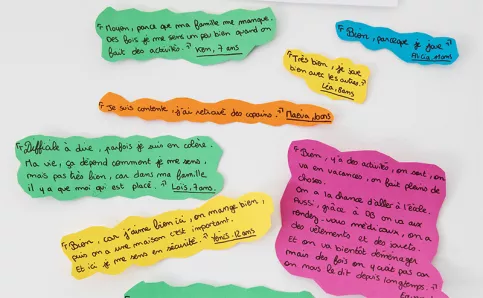 MECS Don Bosco à Charleville Mézières. Unité de Vie SALSA. Des post-it  colorés affichés au mur de la classe. Question : Comment te sens-tu dans ta vie d'enfant/adolescent au sein de la maison Don Bosco ? 