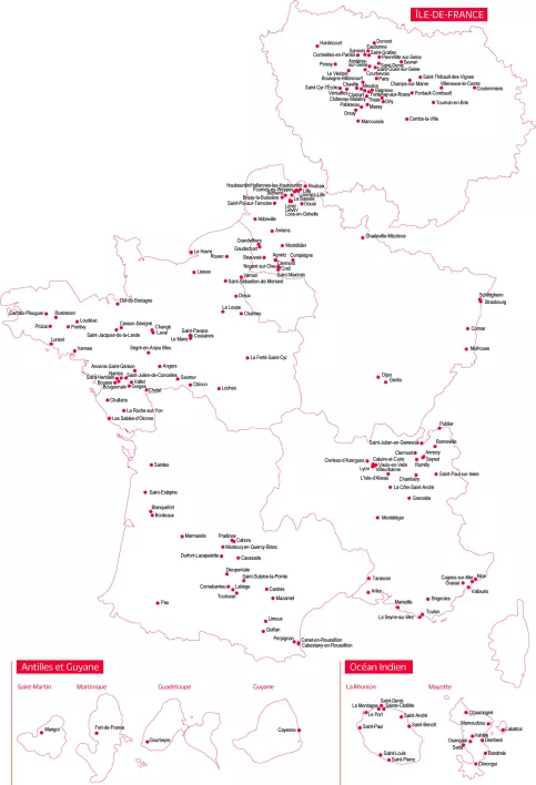 carte des implantations des établissements en frances et dans les Drom