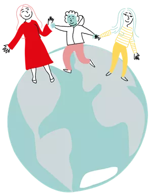 Dessin d'un globe terrestre, sur lequel 3 personnes se tiennent par la main