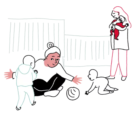 Dessin avec 1 adulte assise avec 2 enfants en bas âge et 1 adulte debout tenant un bébé dans ses bras