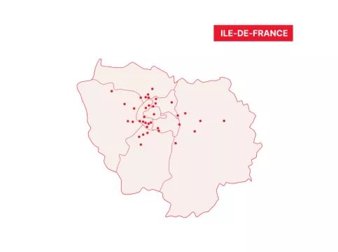 Carte de l'Ile de France avec des points figurant les lieux d'implantation des structures Apprentis d'Auteuil