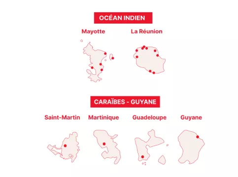 Carte Martinique, Guadeloupe, Saint-Martin, La Réunion et Mayotte avec des points figurant les implantations des structures Apprentis d'Auteuil