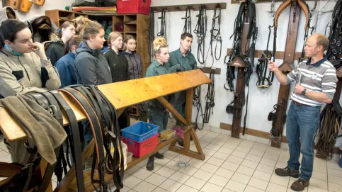 Stéphane Burgaud et ses élèves dans la sellerie. (c) Michel Le Moine/Apprentis d'Auteuil 