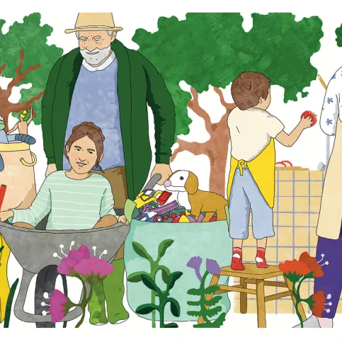 Illustration de vacances avec les petits-enfants au jardin
