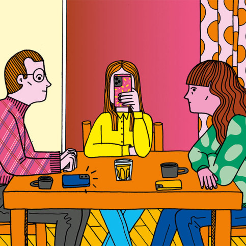 Illustration - repas en famille et adolescente regardant son téléphone