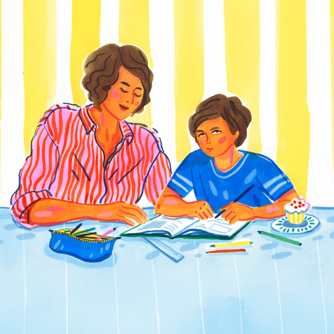 Illustration : une mère aidant son enfant à faire ses devoirs 