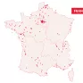 Carte de France hexagonale avec des points figurant les lieux d'implantation des structures Apprentis d'Auteuil