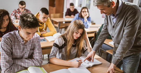 Adolescents garçons et filles en classe, avec un enseignant. Image d'illustration issue d'une banque d'images